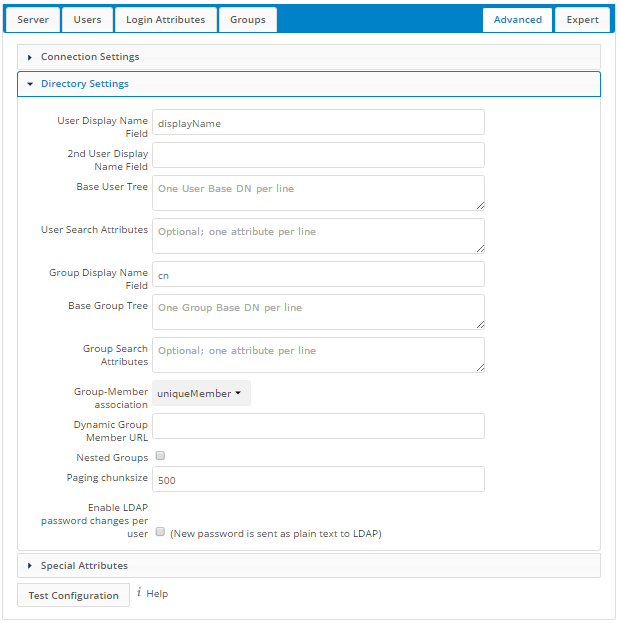 Directory settings.