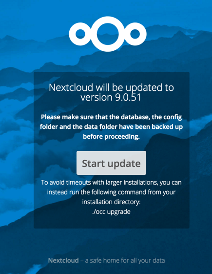 Nextcloud upgrade wizard screen.